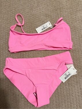 Frankies Bikinis Pink Ribbed Bikini Set Size L NWT One Shoulder High Waisted
